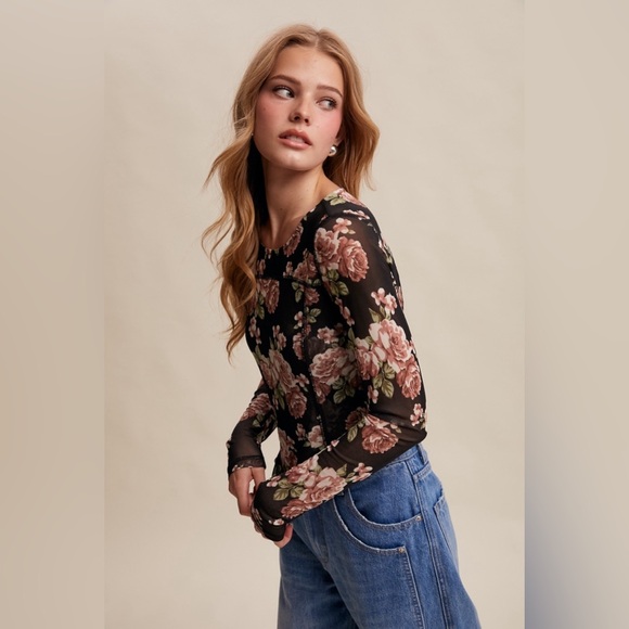 NWT Listicle Mesh Floral Long Sleeve Blouse Top Shirt - Picture 5 of 11